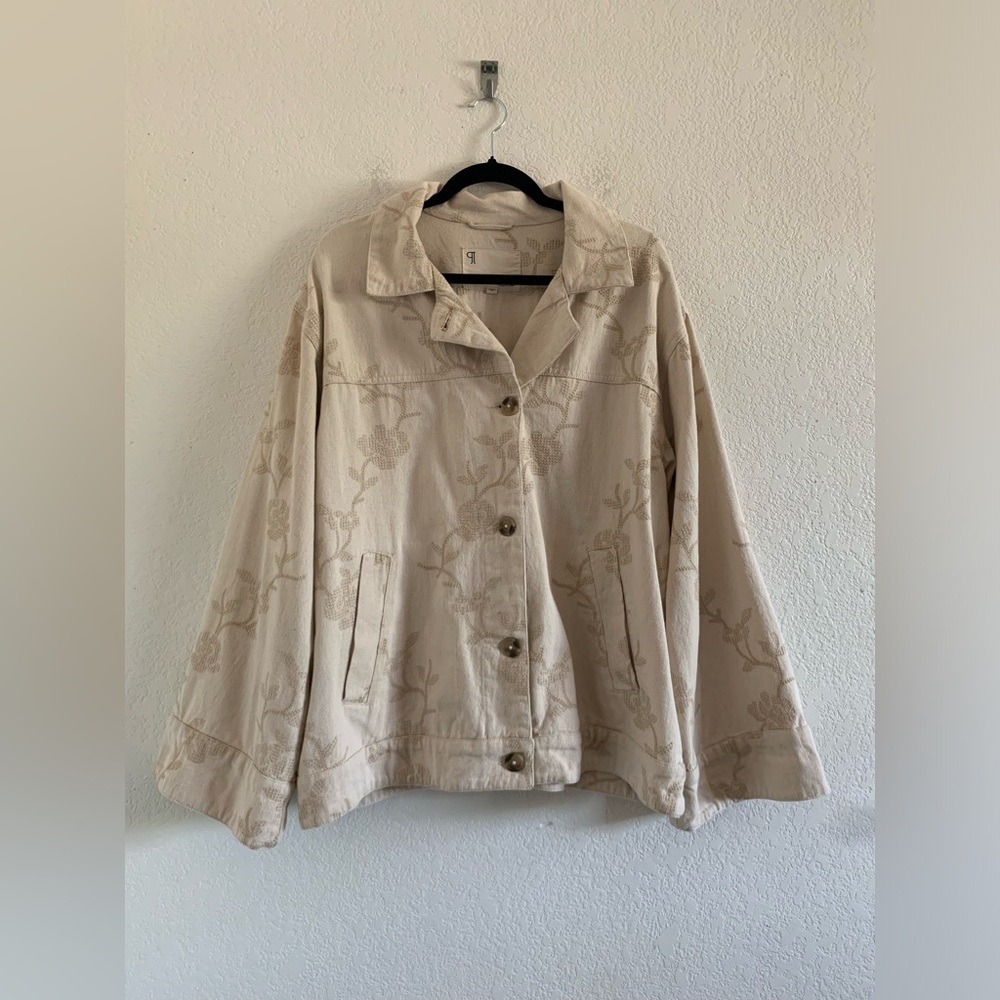 Pilcro Cream Embroidered Floral Button-Front Jean Jacket